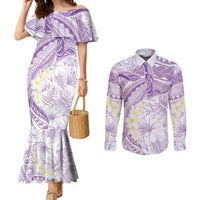 Polynesia Humpback Whale Couples Matching Mermaid Dress and Long Sleeve Button Shirt Tropical Plumeria Lavender