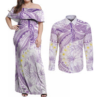 Polynesia Humpback Whale Couples Matching Off Shoulder Maxi Dress and Long Sleeve Button Shirt Tropical Plumeria Lavender