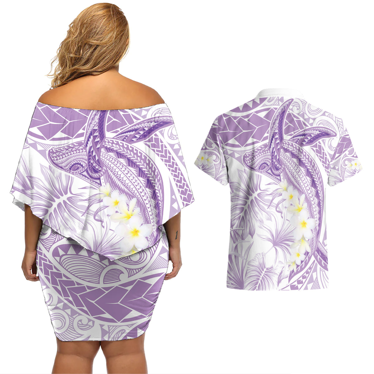 Polynesia Humpback Whale Couples Matching Off Shoulder Short Dress and Hawaiian Shirt Tropical Plumeria Lavender