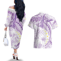 Polynesia Humpback Whale Couples Matching Off The Shoulder Long Sleeve Dress and Hawaiian Shirt Tropical Plumeria Lavender