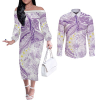 Polynesia Humpback Whale Couples Matching Off The Shoulder Long Sleeve Dress and Long Sleeve Button Shirt Tropical Plumeria Lavender