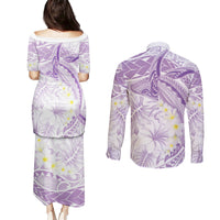Polynesia Humpback Whale Couples Matching Puletasi and Long Sleeve Button Shirt Tropical Plumeria Lavender