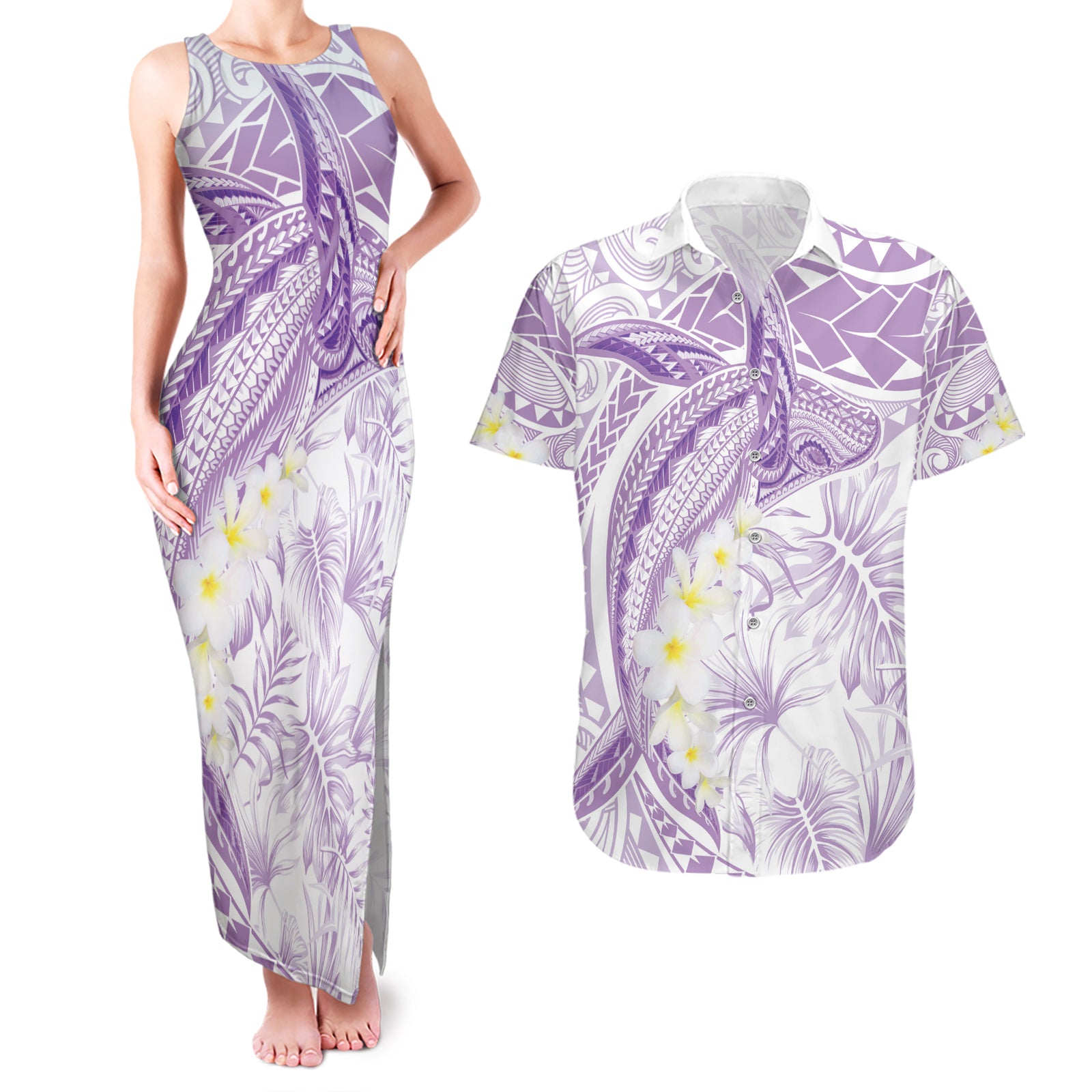 Polynesia Humpback Whale Couples Matching Tank Maxi Dress and Hawaiian Shirt Tropical Plumeria Lavender