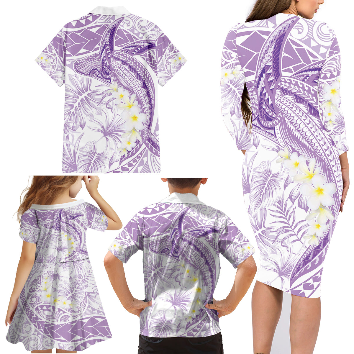 Polynesia Humpback Whale Family Matching Long Sleeve Bodycon Dress and Hawaiian Shirt Tropical Plumeria Lavender LT7 - Polynesian Pride