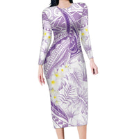Polynesia Humpback Whale Family Matching Long Sleeve Bodycon Dress and Hawaiian Shirt Tropical Plumeria Lavender LT7 Mom's Dress Lavender - Polynesian Pride