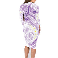 Polynesia Humpback Whale Family Matching Long Sleeve Bodycon Dress and Hawaiian Shirt Tropical Plumeria Lavender LT7 - Polynesian Pride