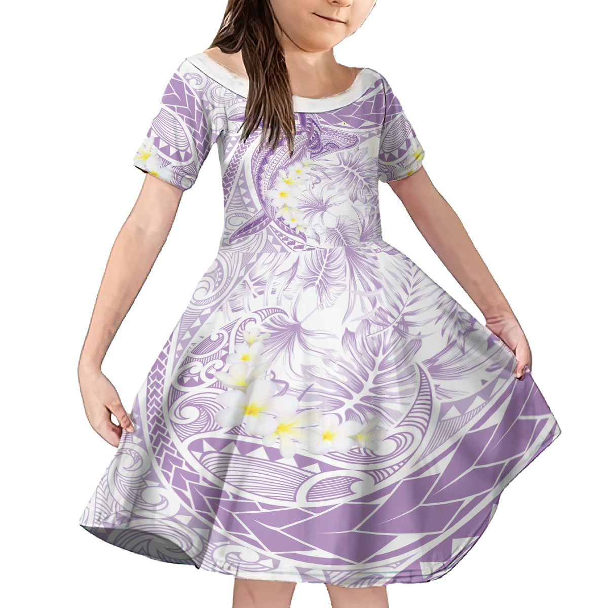 Polynesia Humpback Whale Family Matching Off The Shoulder Long Sleeve Dress and Hawaiian Shirt Tropical Plumeria Lavender LT7 Daughter's Dress Lavender - Polynesian Pride