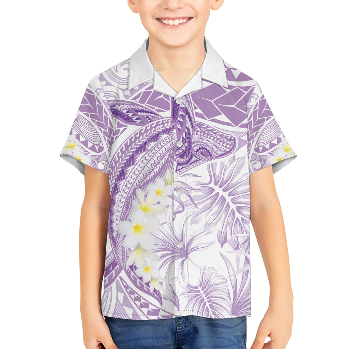 Polynesia Humpback Whale Family Matching Short Sleeve Bodycon Dress and Hawaiian Shirt Tropical Plumeria Lavender