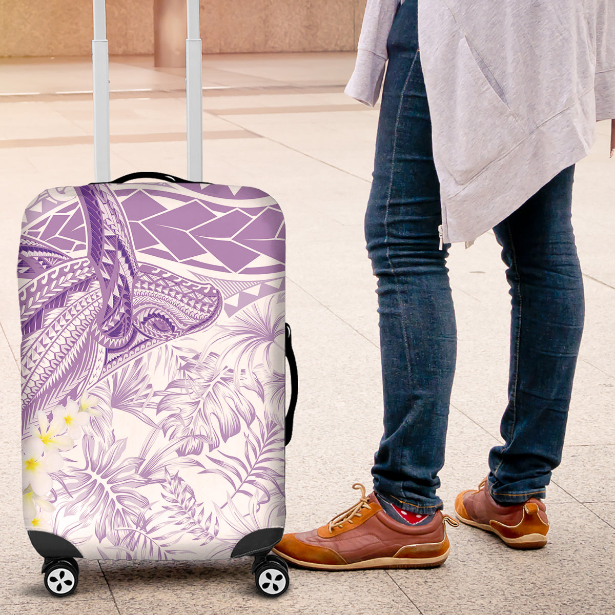 Polynesia Humpback Whale Luggage Cover Tropical Plumeria Lavender