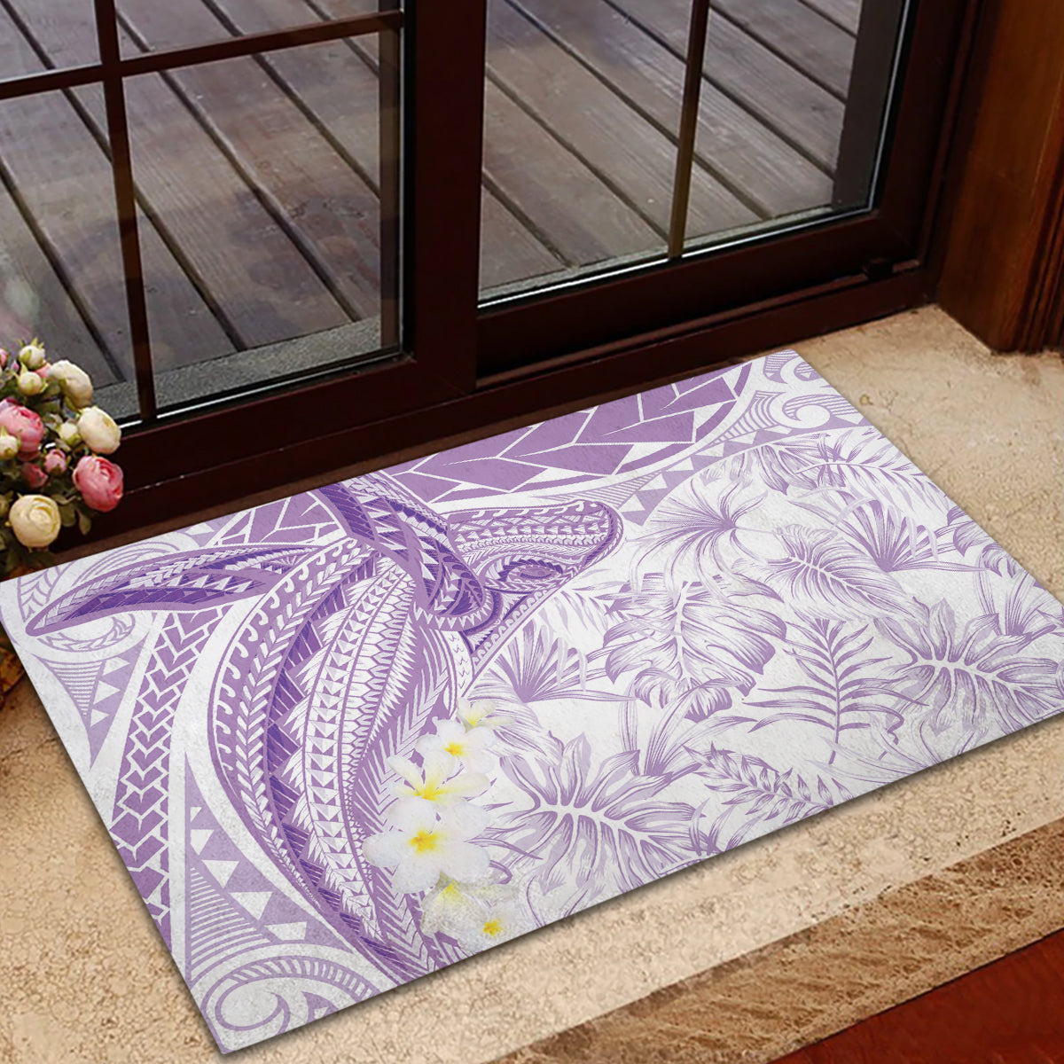 Polynesia Humpback Whale Rubber Doormat Tropical Plumeria Lavender