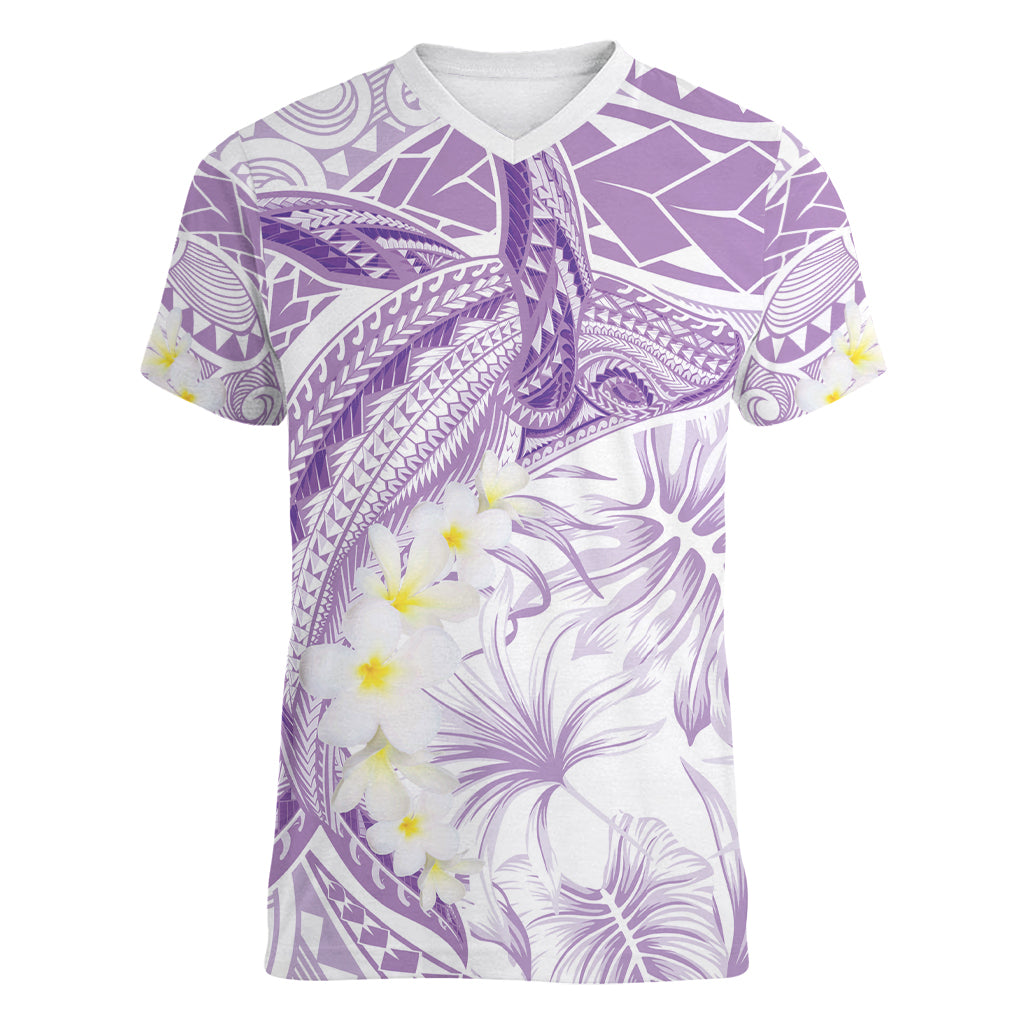 Polynesia Humpback Whale Women V-Neck T-Shirt Tropical Plumeria Lavender