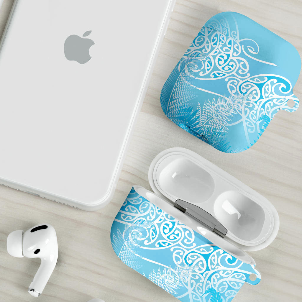 Aotearoa Maori Koru Curves AirPods Case Silver Ferns - Turquoise
