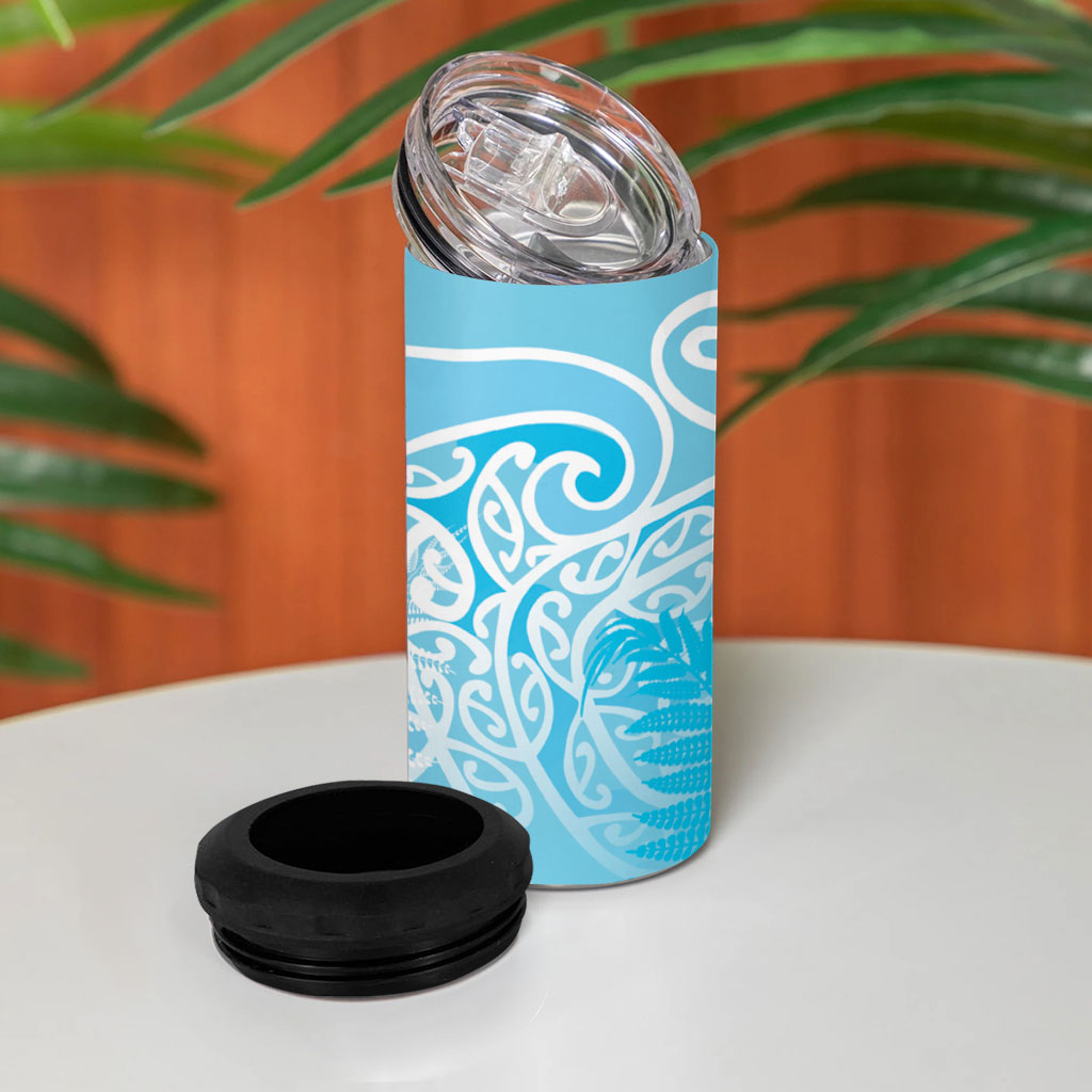 Aotearoa Maori Koru Curves 4 in 1 Can Cooler Tumbler Silver Ferns - Turquoise