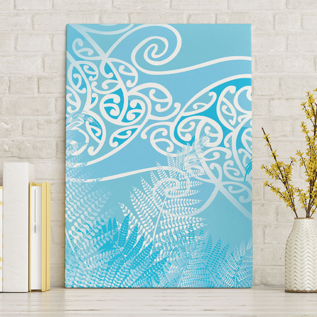 Aotearoa Maori Koru Curves Canvas Wall Art Silver Ferns - Turquoise