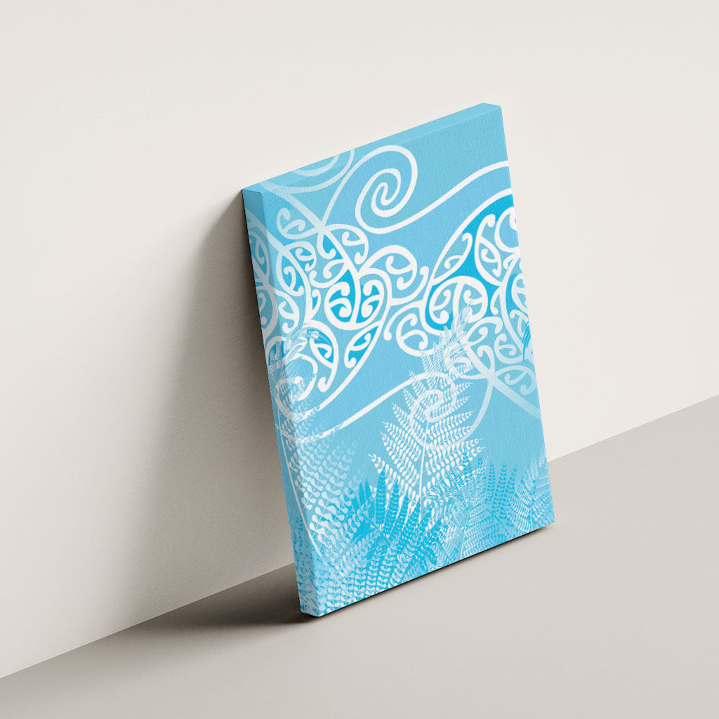 Aotearoa Maori Koru Curves Canvas Wall Art Silver Ferns - Turquoise