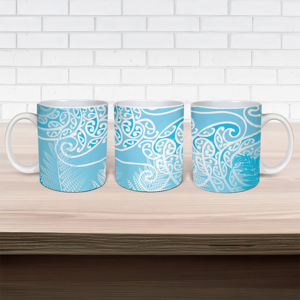 Aotearoa Maori Koru Curves Ceramic Mug Silver Ferns - Turquoise