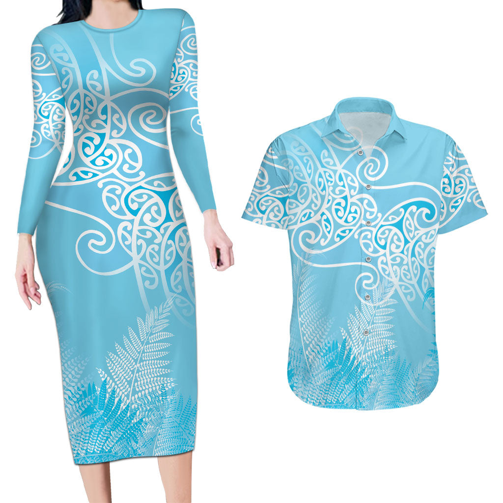 Aotearoa Maori Koru Curves Couples Matching Long Sleeve Bodycon Dress and Hawaiian Shirt Silver Ferns - Turquoise