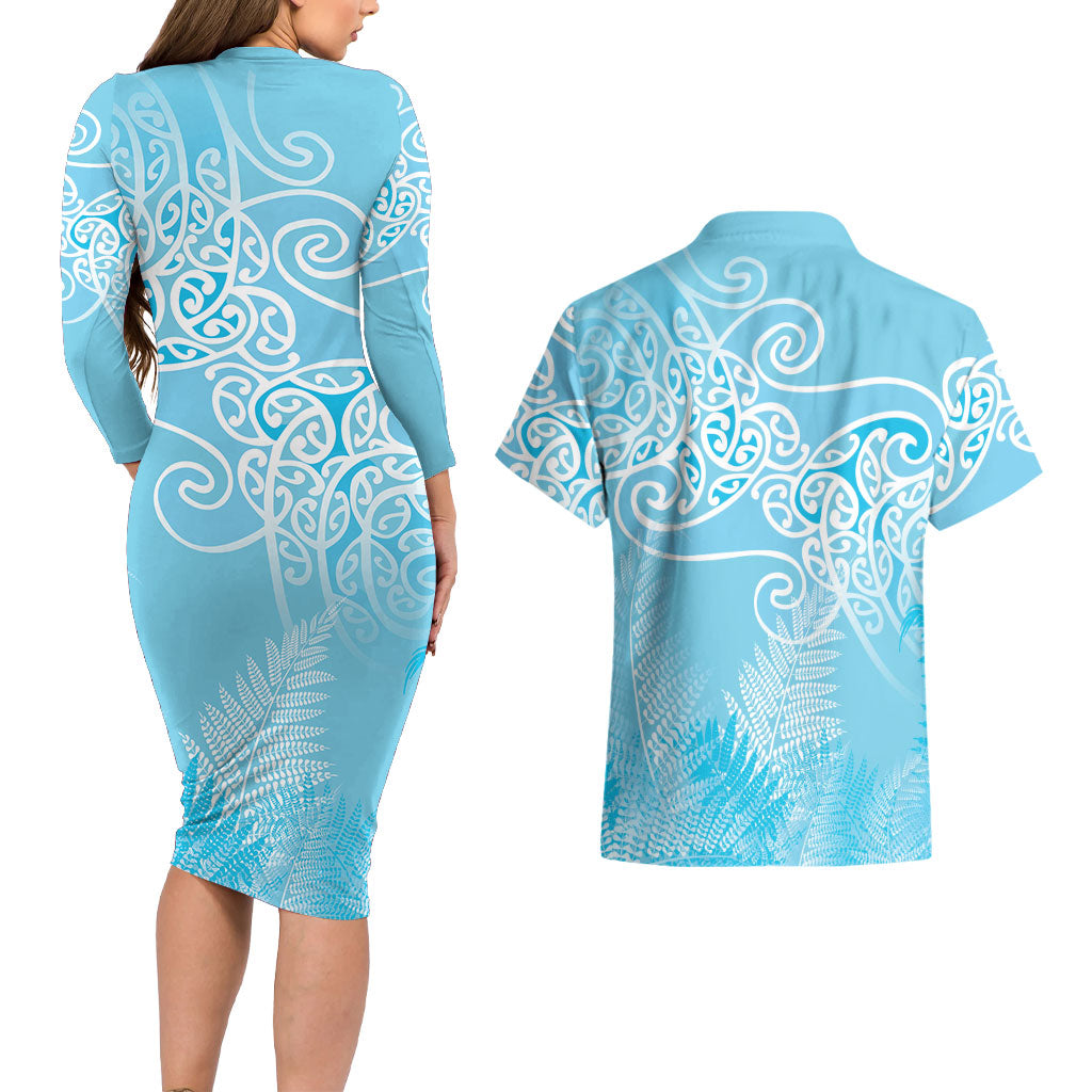 Aotearoa Maori Koru Curves Couples Matching Long Sleeve Bodycon Dress and Hawaiian Shirt Silver Ferns - Turquoise