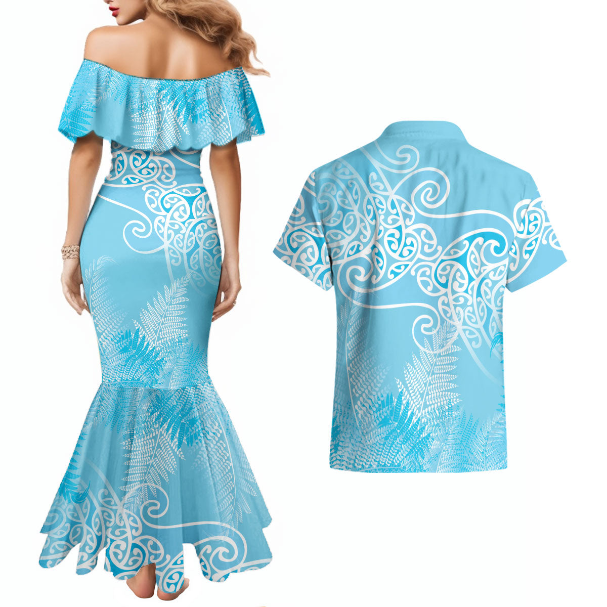 Aotearoa Maori Koru Curves Couples Matching Mermaid Dress and Hawaiian Shirt Silver Ferns - Turquoise