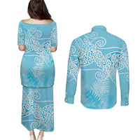 Aotearoa Maori Koru Curves Couples Matching Puletasi and Long Sleeve Button Shirt Silver Ferns - Turquoise