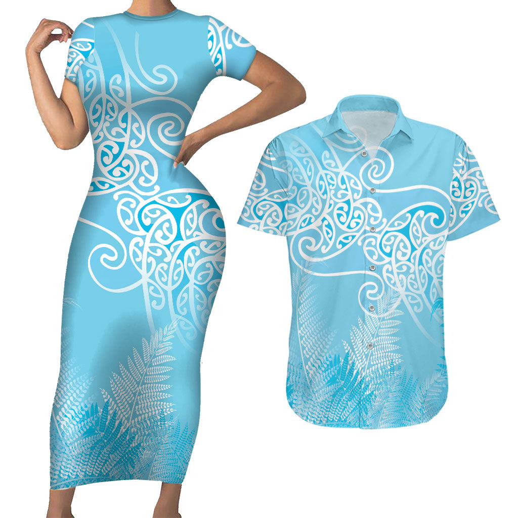 Aotearoa Maori Koru Curves Couples Matching Short Sleeve Bodycon Dress and Hawaiian Shirt Silver Ferns - Turquoise