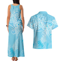 Aotearoa Maori Koru Curves Couples Matching Tank Maxi Dress and Hawaiian Shirt Silver Ferns - Turquoise