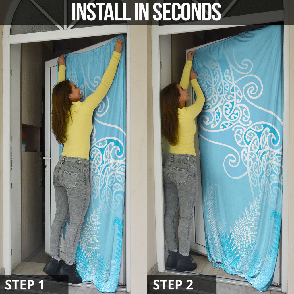 Aotearoa Maori Koru Curves Door Cover Silver Ferns - Turquoise