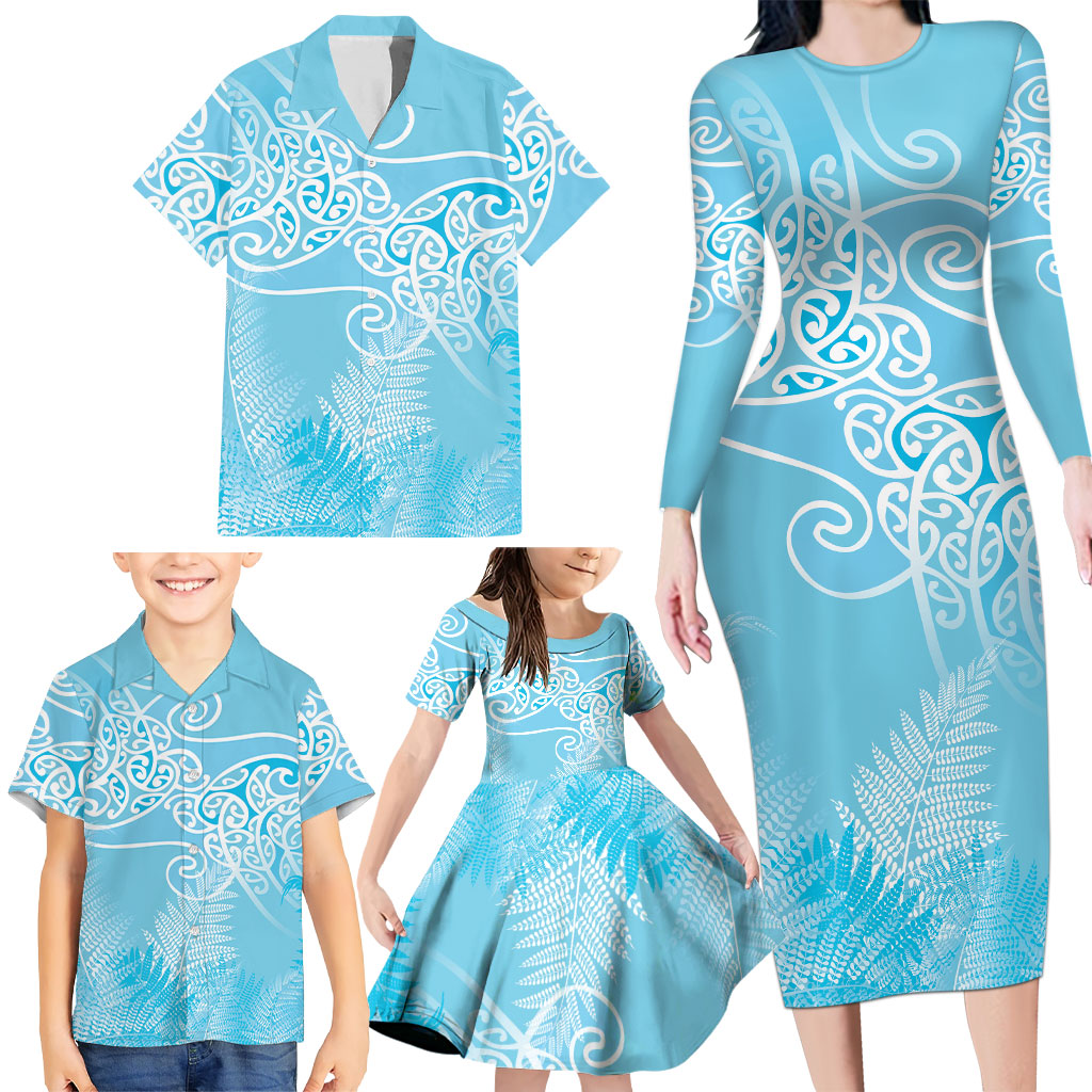 Aotearoa Maori Koru Curves Family Matching Long Sleeve Bodycon Dress and Hawaiian Shirt Silver Ferns - Turquoise LT7 - Polynesian Pride