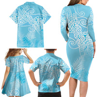 Aotearoa Maori Koru Curves Family Matching Long Sleeve Bodycon Dress and Hawaiian Shirt Silver Ferns - Turquoise LT7 - Polynesian Pride