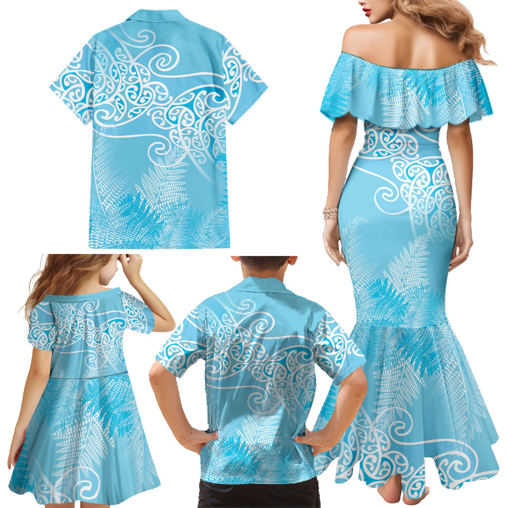 Aotearoa Maori Koru Curves Family Matching Mermaid Dress and Hawaiian Shirt Silver Ferns - Turquoise LT7 - Polynesian Pride