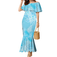 Aotearoa Maori Koru Curves Family Matching Mermaid Dress and Hawaiian Shirt Silver Ferns - Turquoise LT7 Mom's Dress Turquoise - Polynesian Pride