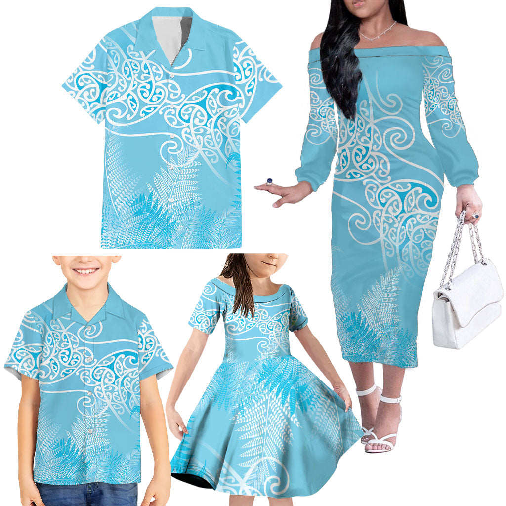 Aotearoa Maori Koru Curves Family Matching Off The Shoulder Long Sleeve Dress and Hawaiian Shirt Silver Ferns - Turquoise LT7 - Polynesian Pride