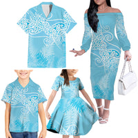 Aotearoa Maori Koru Curves Family Matching Off The Shoulder Long Sleeve Dress and Hawaiian Shirt Silver Ferns - Turquoise LT7 - Polynesian Pride
