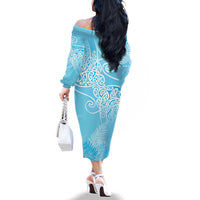Aotearoa Maori Koru Curves Family Matching Off The Shoulder Long Sleeve Dress and Hawaiian Shirt Silver Ferns - Turquoise LT7 - Polynesian Pride