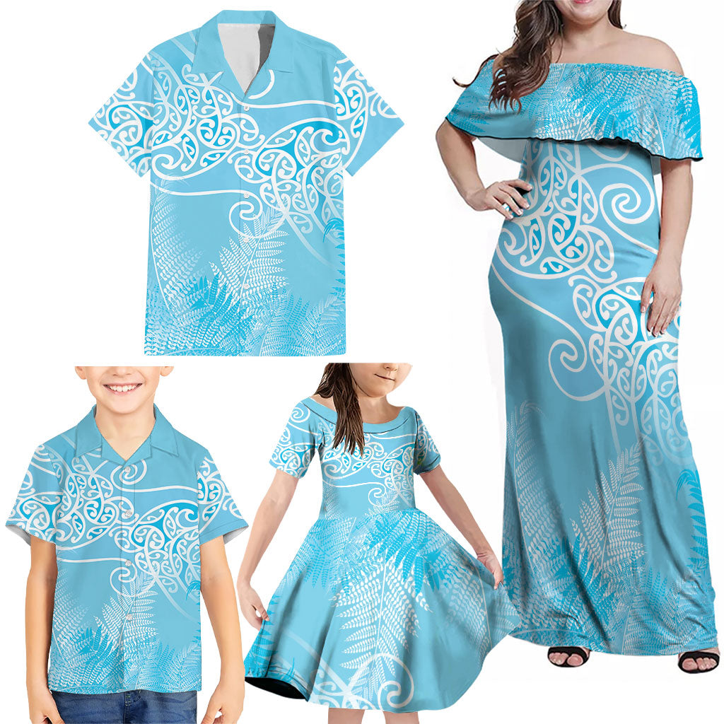 Aotearoa Maori Koru Curves Family Matching Off Shoulder Maxi Dress and Hawaiian Shirt Silver Ferns - Turquoise
