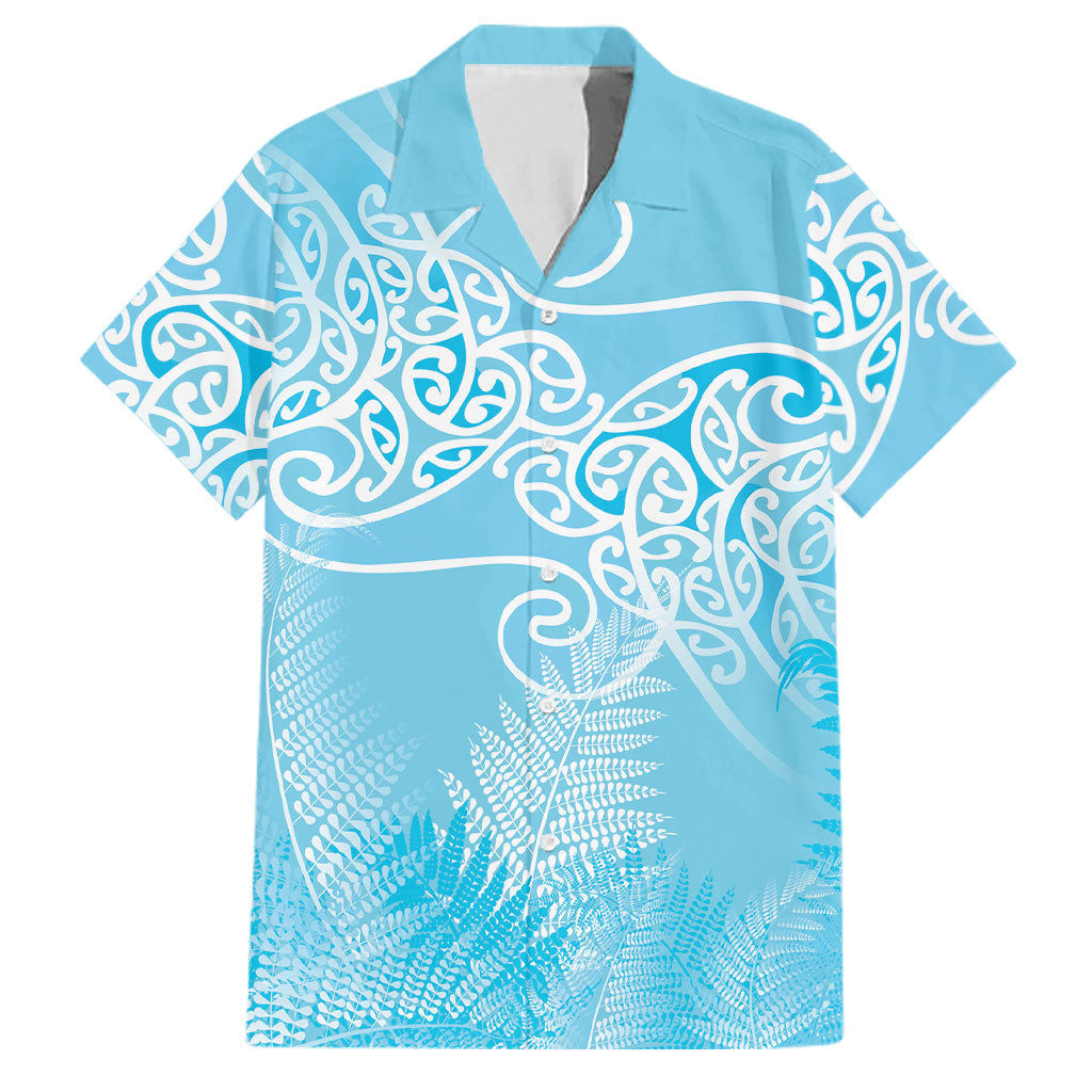 Aotearoa Maori Koru Curves Family Matching Off Shoulder Maxi Dress and Hawaiian Shirt Silver Ferns - Turquoise LT7 Dad's Shirt - Short Sleeve Turquoise - Polynesian Pride