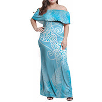 Aotearoa Maori Koru Curves Family Matching Off Shoulder Maxi Dress and Hawaiian Shirt Silver Ferns - Turquoise LT7 Mom's Dress Turquoise - Polynesian Pride