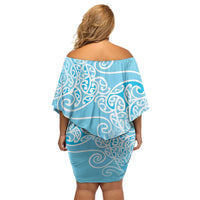Aotearoa Maori Koru Curves Family Matching Off Shoulder Short Dress and Hawaiian Shirt Silver Ferns - Turquoise LT7 - Polynesian Pride