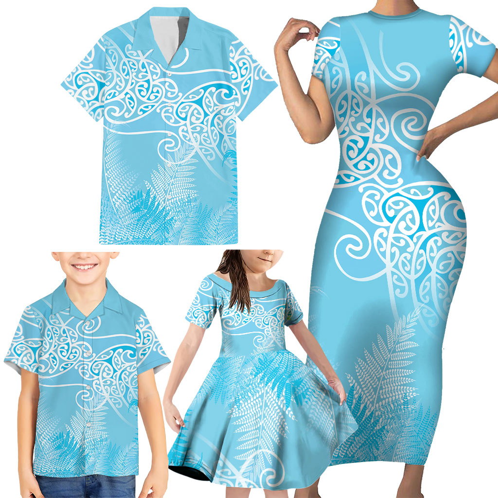 Aotearoa Maori Koru Curves Family Matching Short Sleeve Bodycon Dress and Hawaiian Shirt Silver Ferns - Turquoise LT7 - Polynesian Pride