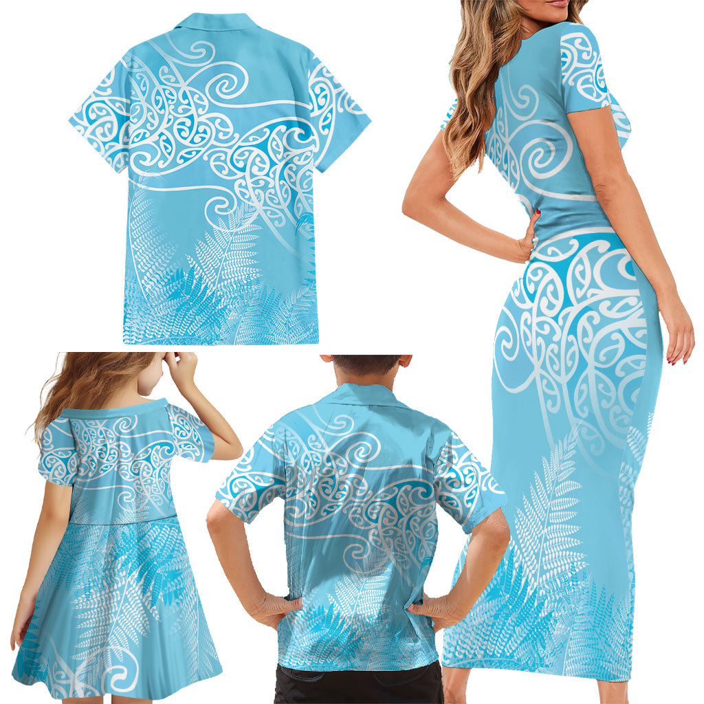 Aotearoa Maori Koru Curves Family Matching Short Sleeve Bodycon Dress and Hawaiian Shirt Silver Ferns - Turquoise LT7 - Polynesian Pride