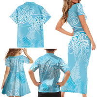 Aotearoa Maori Koru Curves Family Matching Short Sleeve Bodycon Dress and Hawaiian Shirt Silver Ferns - Turquoise LT7 - Polynesian Pride