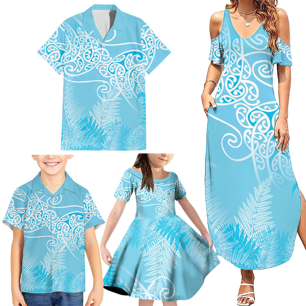 Aotearoa Maori Koru Curves Family Matching Summer Maxi Dress and Hawaiian Shirt Silver Ferns - Turquoise LT7 - Polynesian Pride