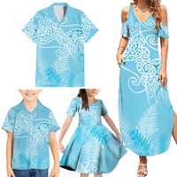 Aotearoa Maori Koru Curves Family Matching Summer Maxi Dress and Hawaiian Shirt Silver Ferns - Turquoise LT7 - Polynesian Pride