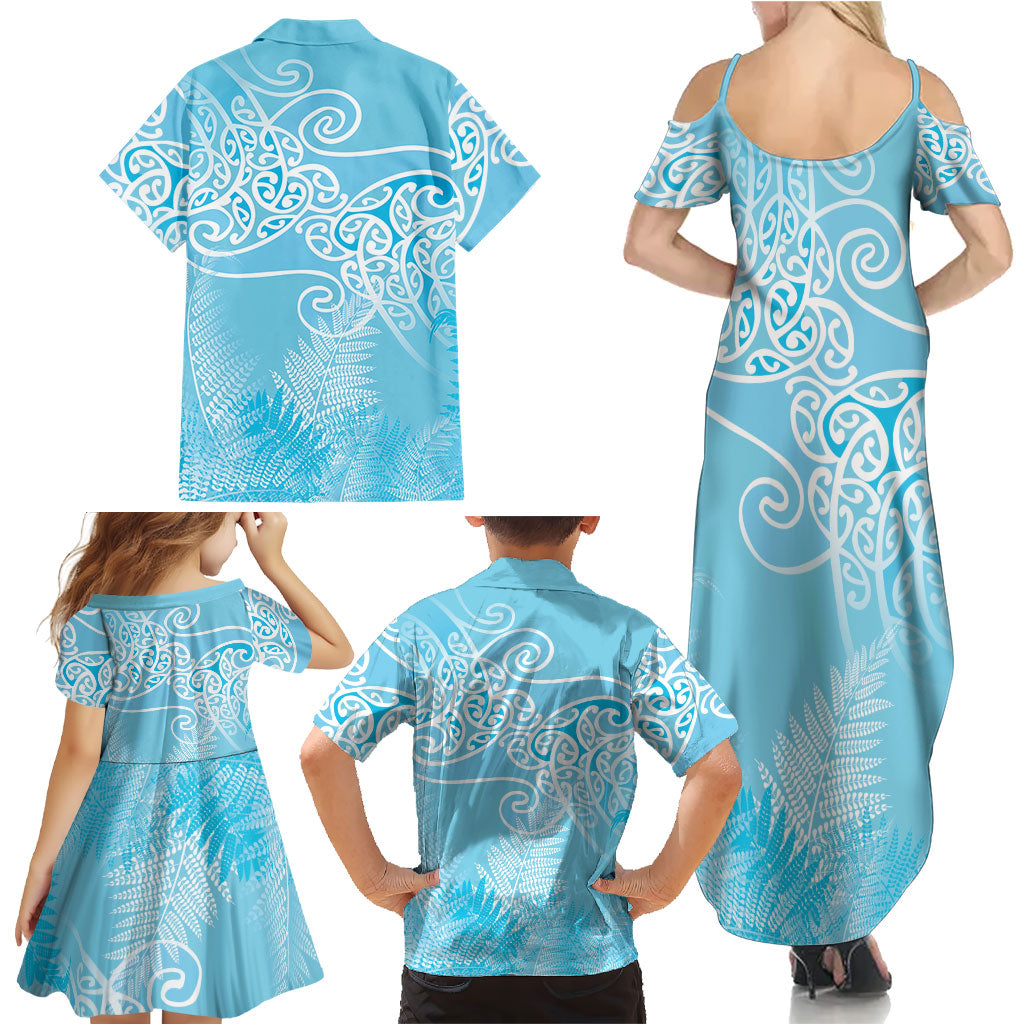Aotearoa Maori Koru Curves Family Matching Summer Maxi Dress and Hawaiian Shirt Silver Ferns - Turquoise LT7 - Polynesian Pride