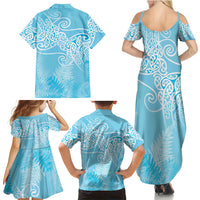 Aotearoa Maori Koru Curves Family Matching Summer Maxi Dress and Hawaiian Shirt Silver Ferns - Turquoise LT7 - Polynesian Pride