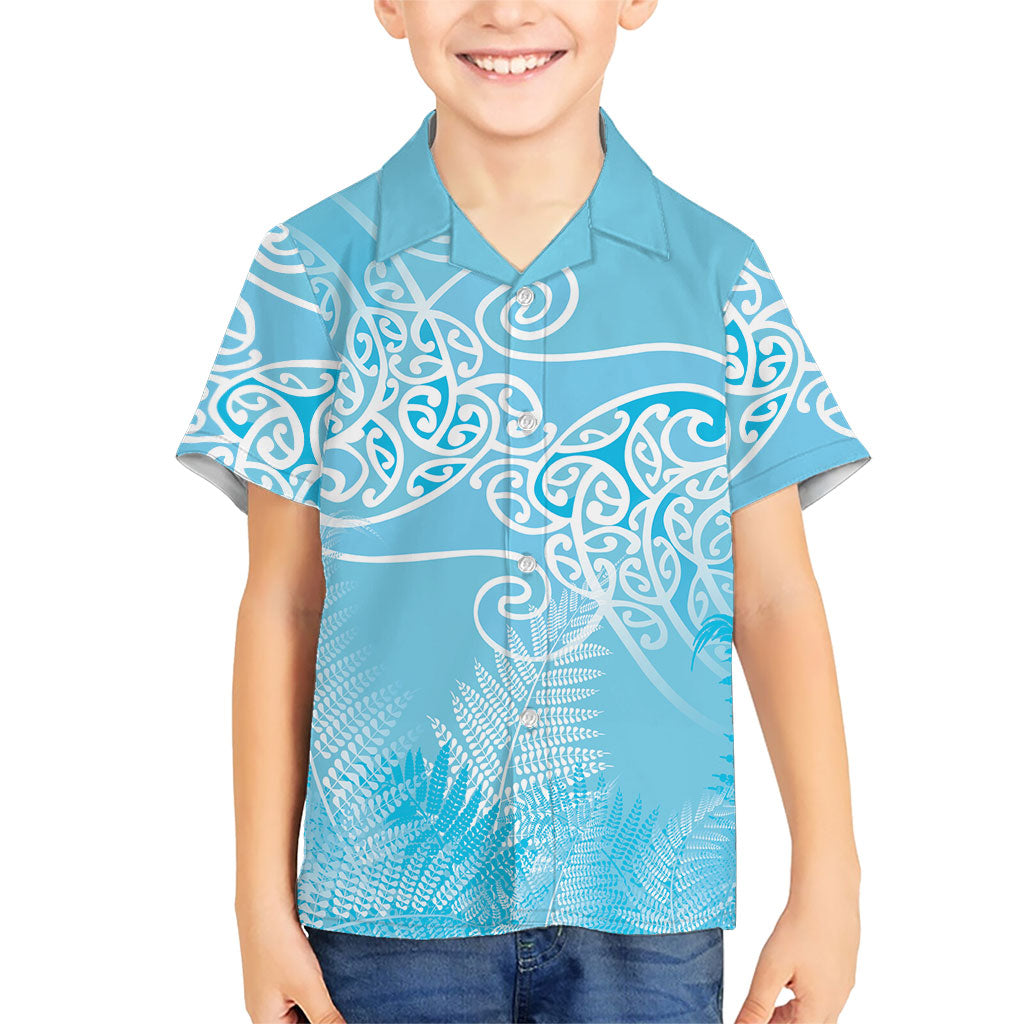 Aotearoa Maori Koru Curves Family Matching Summer Maxi Dress and Hawaiian Shirt Silver Ferns - Turquoise LT7 Son's Shirt Turquoise - Polynesian Pride