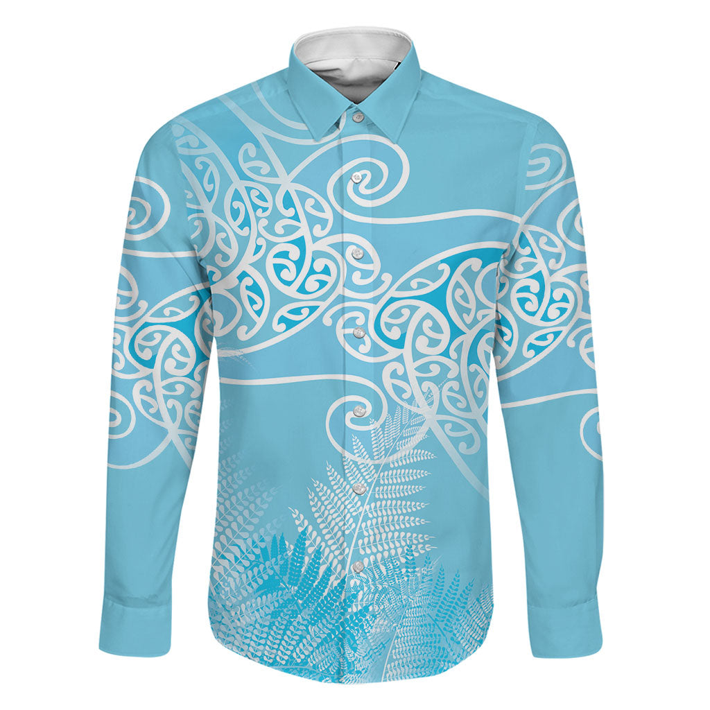 Aotearoa Maori Koru Curves Family Matching Tank Maxi Dress and Hawaiian Shirt Silver Ferns - Turquoise LT7 Dad's Shirt - Long Sleeve Turquoise - Polynesian Pride