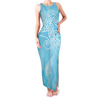 Aotearoa Maori Koru Curves Family Matching Tank Maxi Dress and Hawaiian Shirt Silver Ferns - Turquoise LT7 Mom's Dress Turquoise - Polynesian Pride