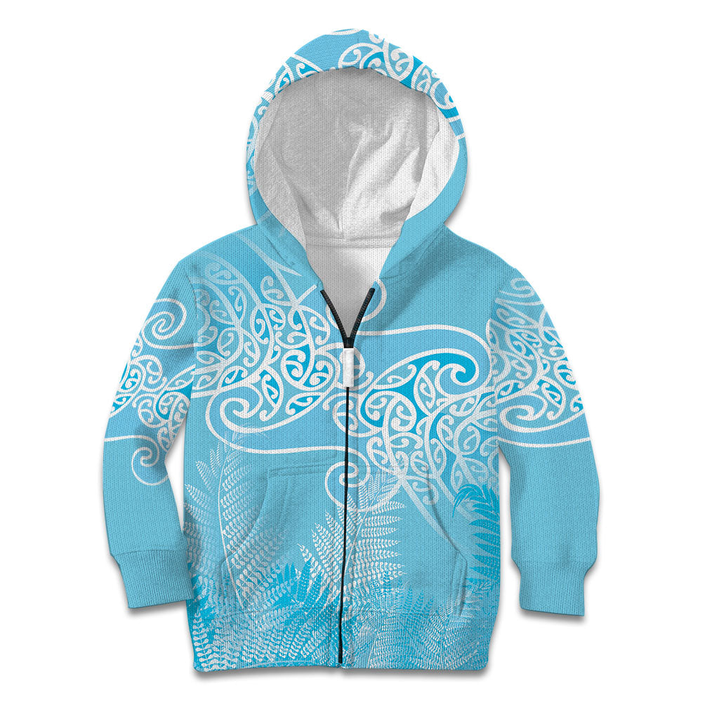 Aotearoa Maori Koru Curves Kid Hoodie Silver Ferns - Turquoise
