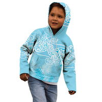 Aotearoa Maori Koru Curves Kid Hoodie Silver Ferns - Turquoise